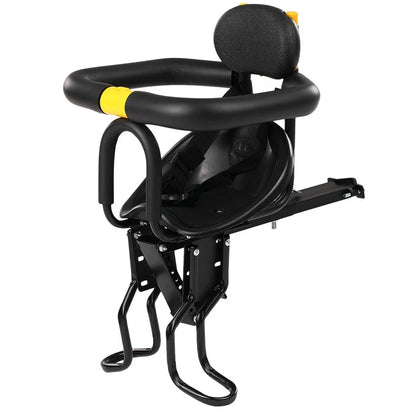 Front-mounted bicycle child seat with steel frame construction in black colour