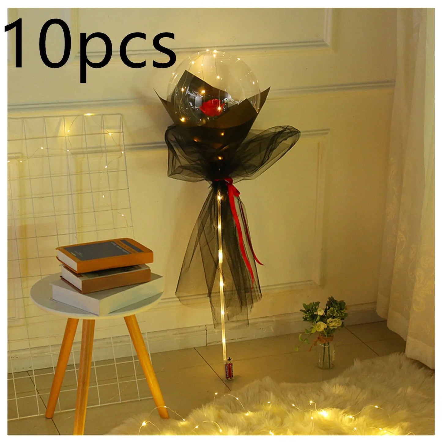 Transparent LED luminous balloon rose bouquet with artificial flowers and illuminated lights