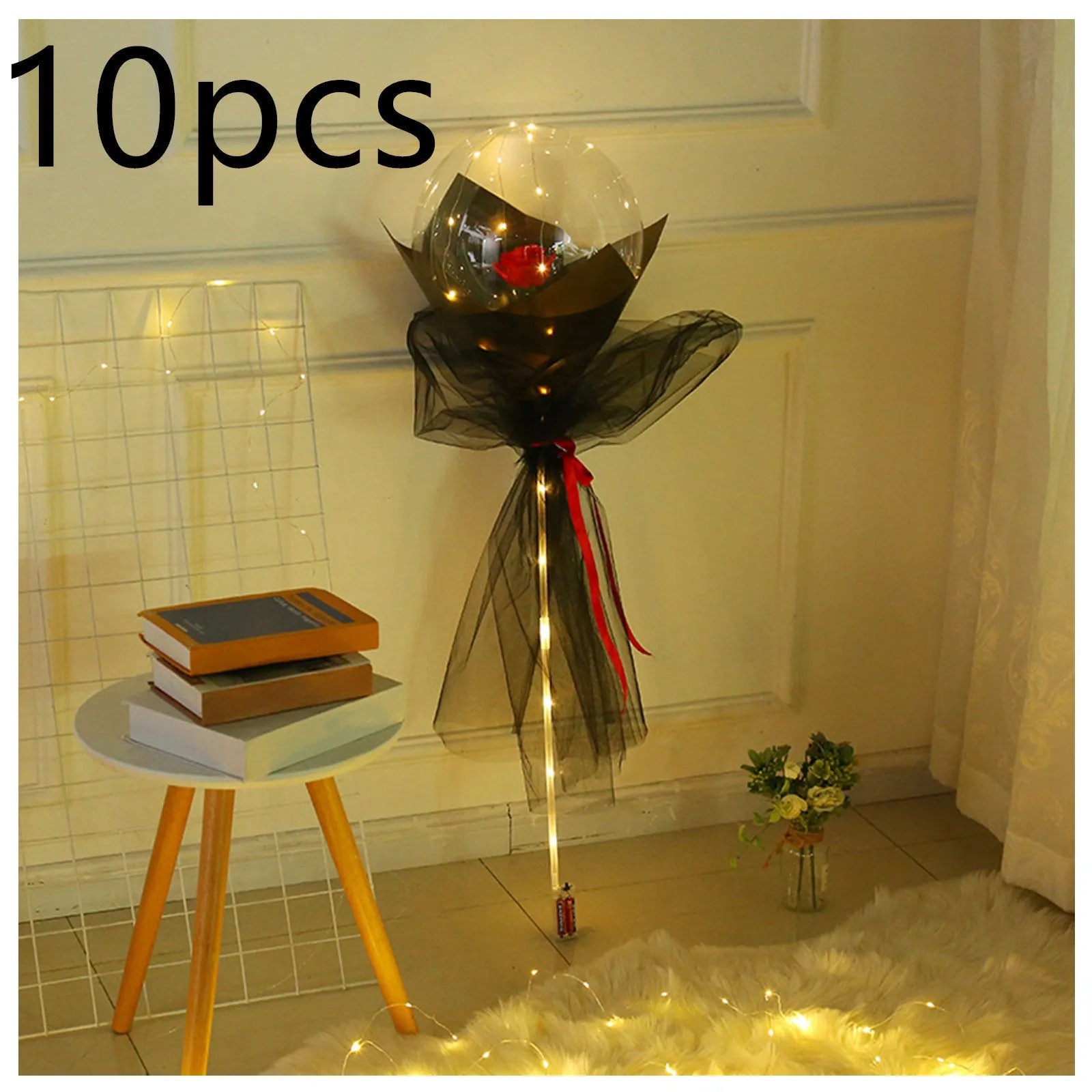 Transparent LED luminous balloon rose bouquet with artificial flowers and illuminated lights