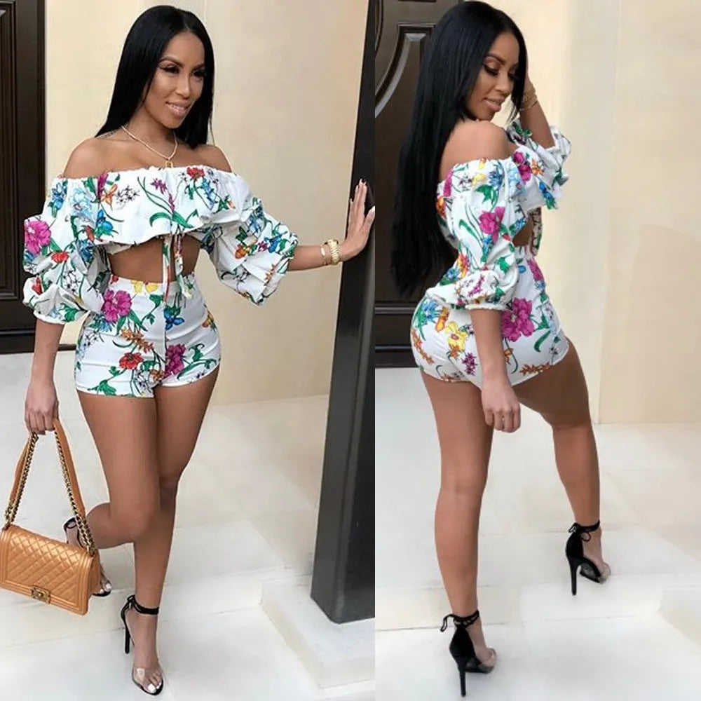 Women's multicolour digital print two-piece set with pile sleeves on short top and matching shorts