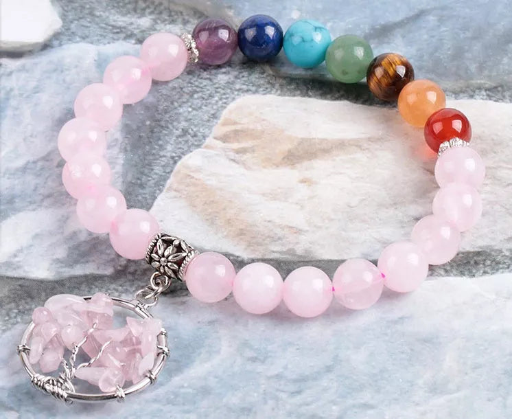 Crystal beaded bracelet with seven chakras or powder crystal options, 8mm beads, 18.8 cm length