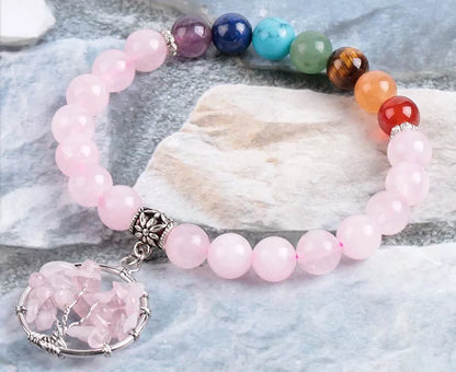 Crystal beaded bracelet with seven chakras or powder crystal options, 8mm beads, 18.8 cm length
