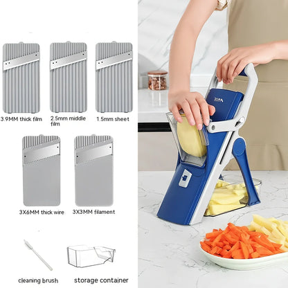 Purple kitchen vegetable chopper with stainless steel blades and wire planer attachment on 41cm workspace