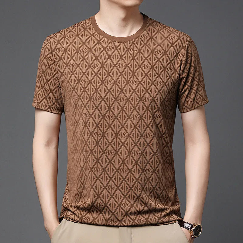 Men's black loose fit short sleeve t-shirt with round neck in ice silk jacquard fabric