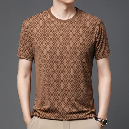 Men's black loose fit short sleeve t-shirt with round neck in ice silk jacquard fabric