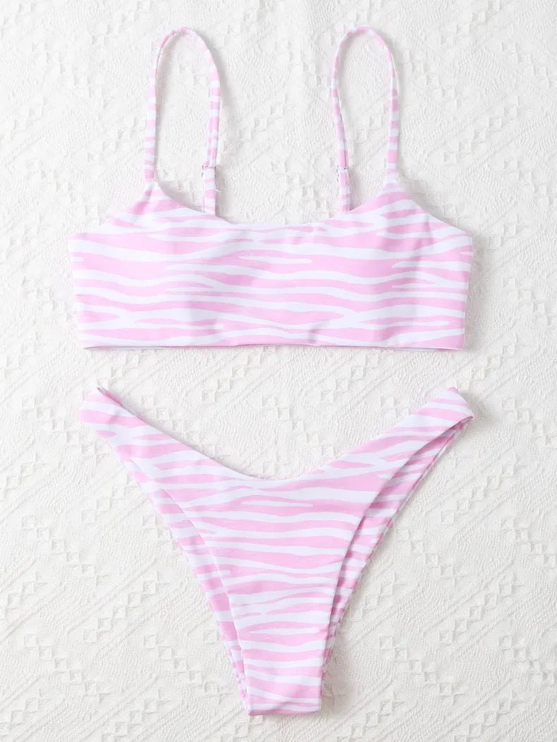 Ladies two piece bikini set with striped pattern in eight colours, sizes S to XL