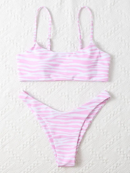 Ladies two piece bikini set with striped pattern in eight colours, sizes S to XL