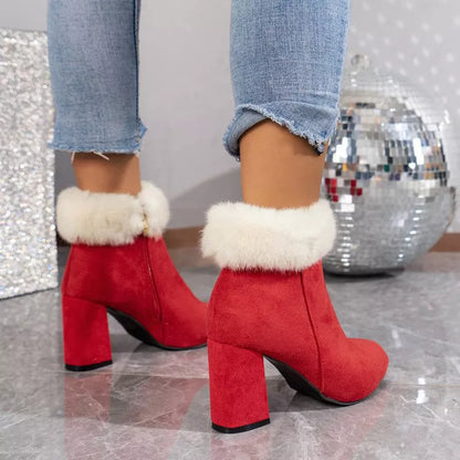 Women's plaid print plush ankle boots with square heel and fur insole