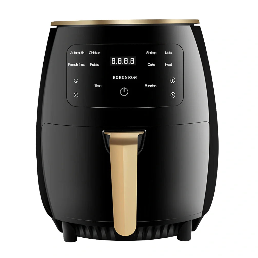 Black smart touch air fryer with stainless steel body and digital control panel showing cooking settings