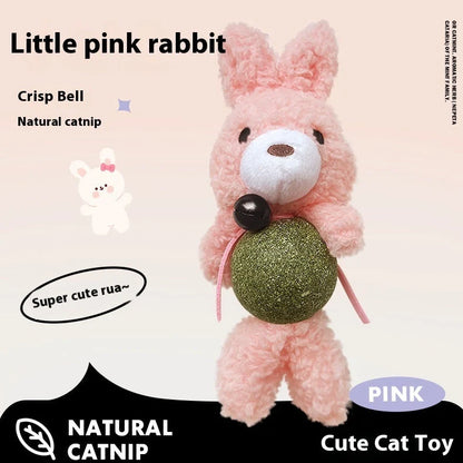 Brown bear catnip toy with 15cm height, 4cm mint ball, and visible bell inside plush material