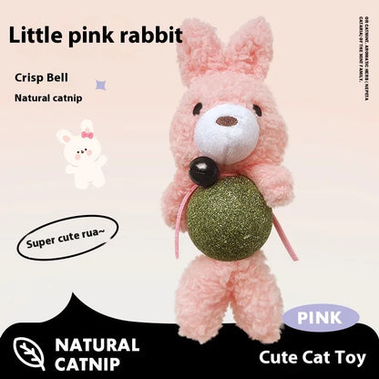 Brown bear plush cat toy with a white catnip ball, shown next to a green frog version.
