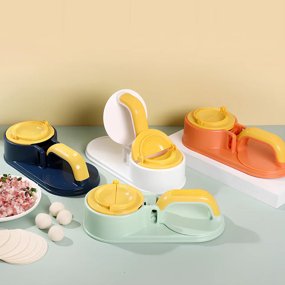 Green dumpling wrapper press machine creating uniform 8cm dough circles on kitchen counter