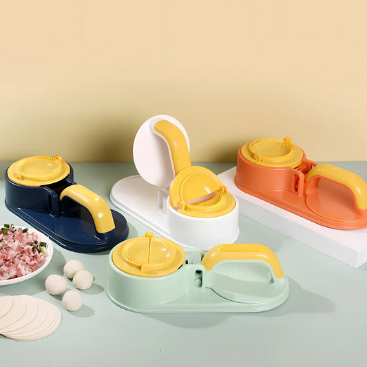 Green dumpling wrapper press machine creating uniform 8cm dough circles on kitchen counter
