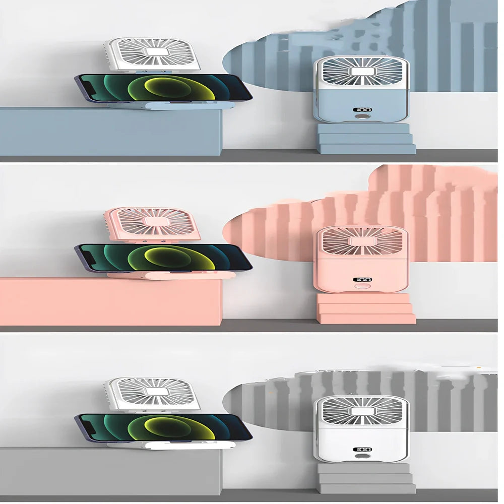 F30Pro folding portable handheld fan in white with digital display, 169x81x20mm size, USB charging, plastic blades for cooling