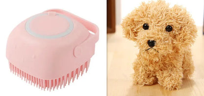 Blue silicone dog bath and massage brush held in a hand.