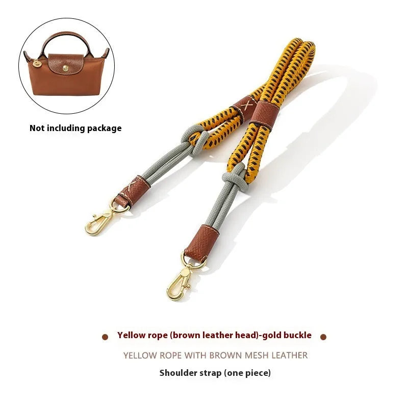 Braided rope shoulder strap with alloy hardware in silver or gold finish options