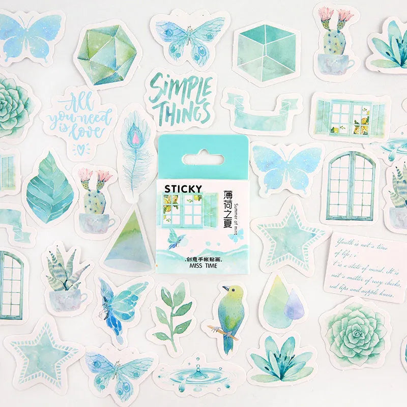 Set of 46 small decorative stickers with cartoon patterns for journal and scrapbook crafts
