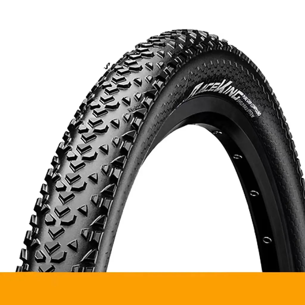 Mountain bike folding outer tyre with yellow sidewall, showing tread pattern and size label