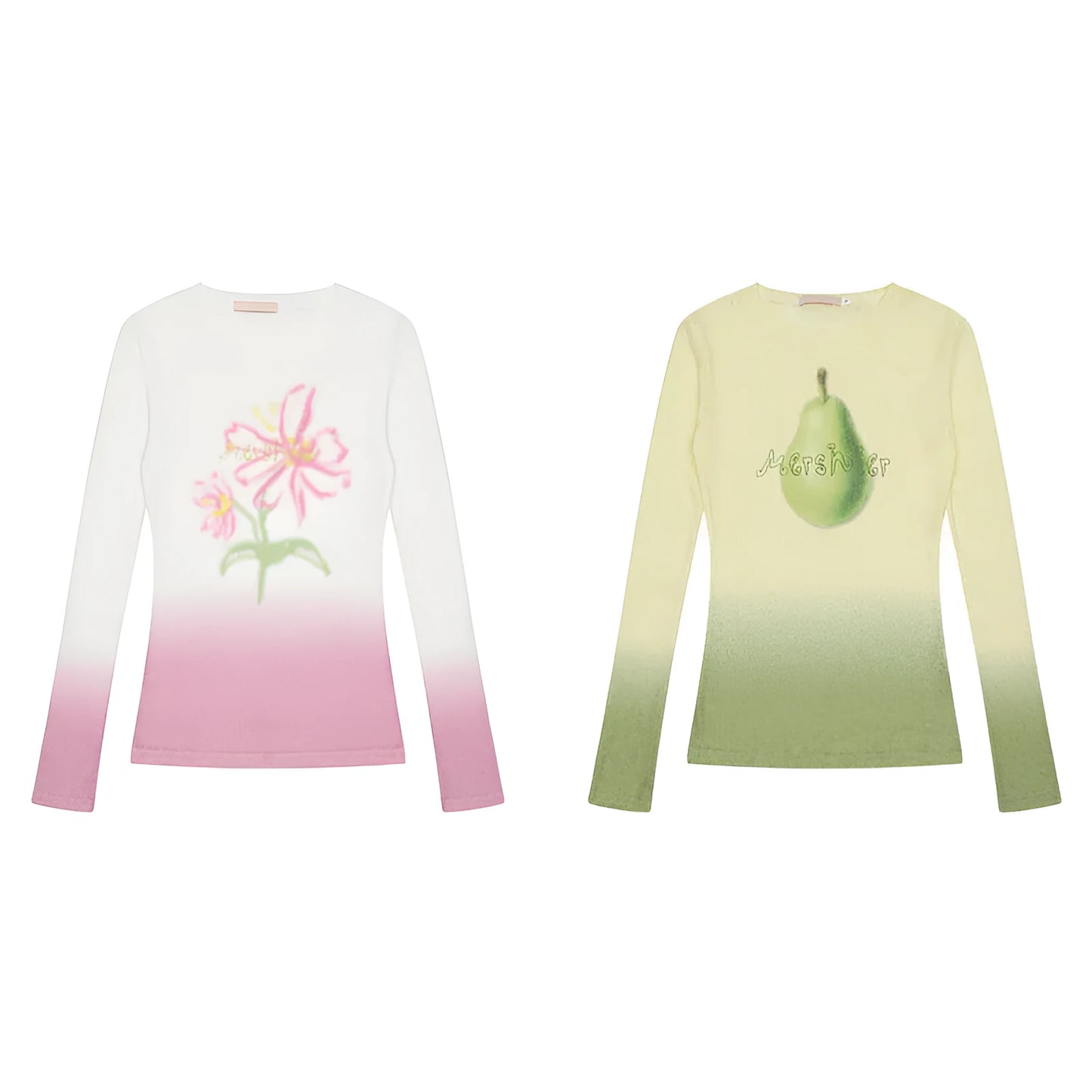 Women's light pink long sleeve t-shirt with a gradient floral print.