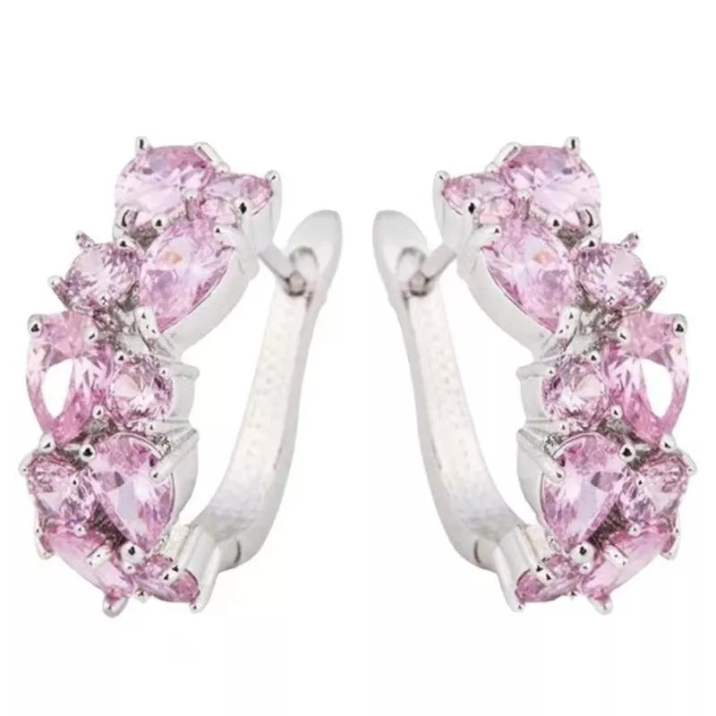 Colorful diamond crystal zircon ear clips for women, drop-shaped design with electroplated finish.