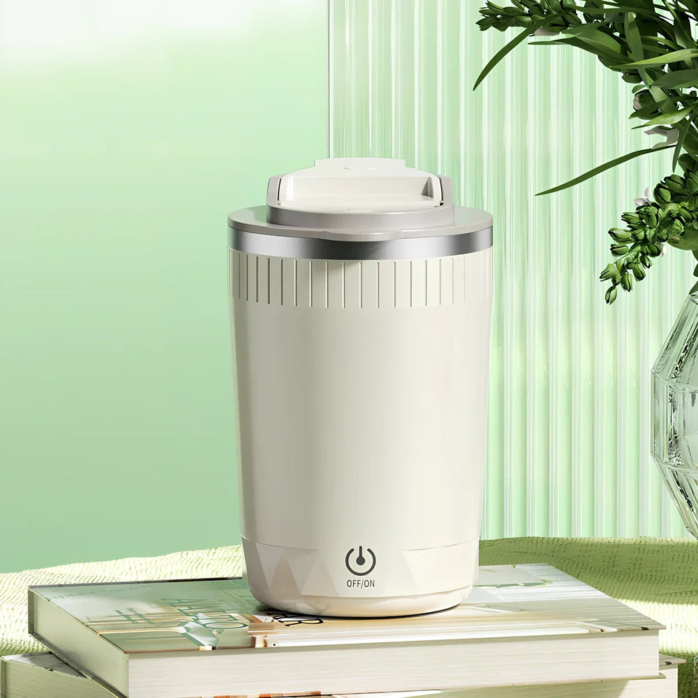 Beige auto stirring electric coffee cup, 400ml capacity, 14cm tall with USB rechargeable stirrer and insulated walls