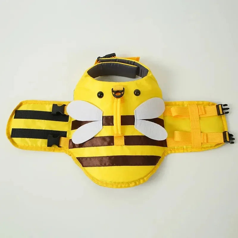Green dog life vest with reflective strips and adjustable straps on a model.