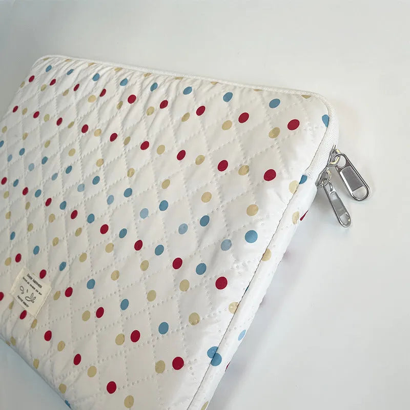 Women's solid colour polka dot polyester laptop bag shown in 11-inch, 13-14-inch, and 15-15.6-inch size options.