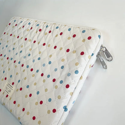 Women's solid colour polka dot polyester laptop bag shown in 11-inch, 13-14-inch, and 15-15.6-inch size options.