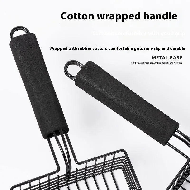 Black metal cat litter scoop with long handle and fine sifting mesh.