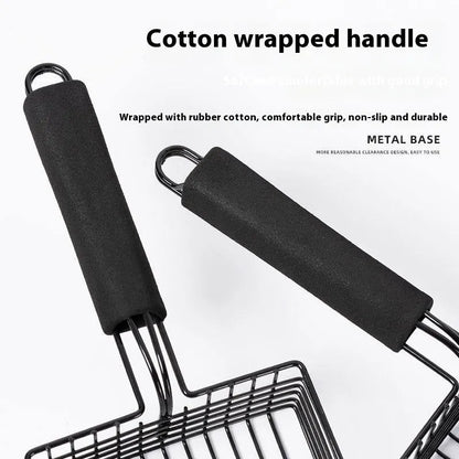 Black metal cat litter scoop with long handle and fine sifting mesh.