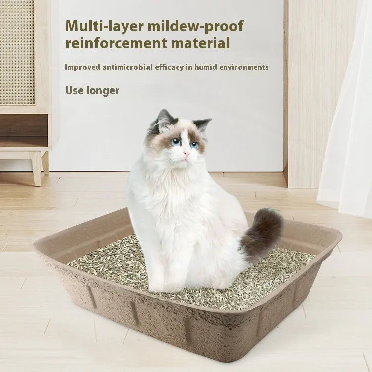 Disposable litter box in brown designed for kittens, biodegradable with waterproof coating, available in 39x25x8cm, 42.5x32.5x10.5cm, and 45x35x11cm sizes, a single-use eco-friendly cat litter solution