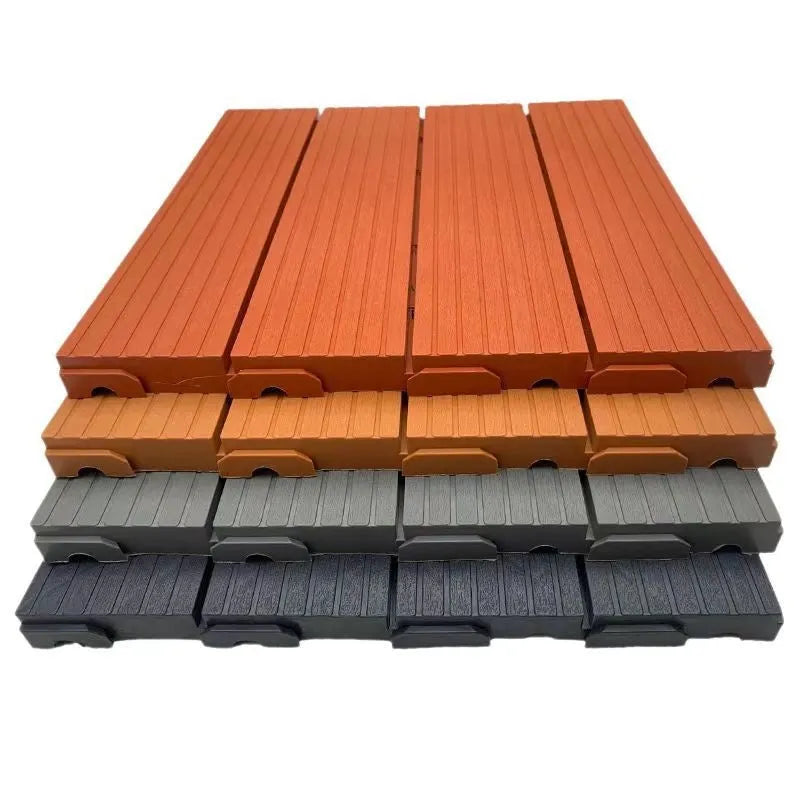Plastic floor tiles with wood grain pattern showing 300x300mm dimensions and 23mm thickness profile