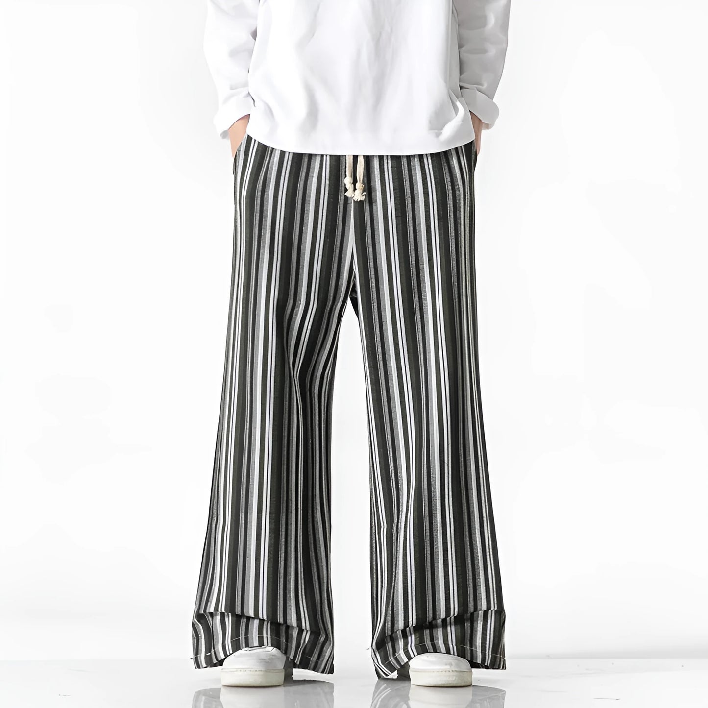 Vintage stripe loose straight mopping pants in cotton blend fabric showing straight leg and mid waist design