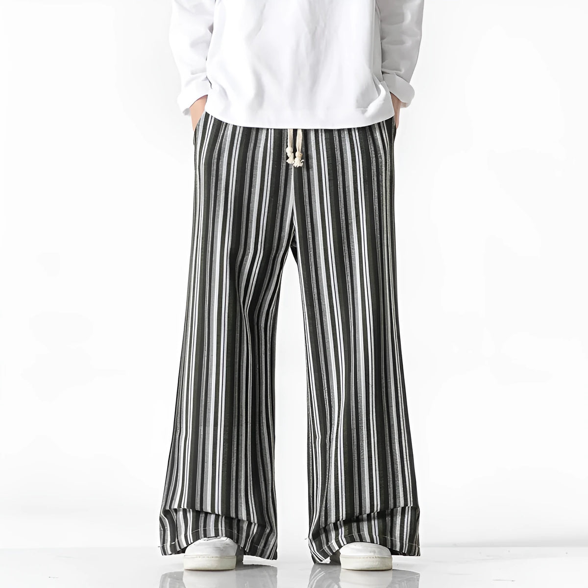 Vintage stripe loose straight mopping pants in cotton blend fabric showing straight leg and mid waist design