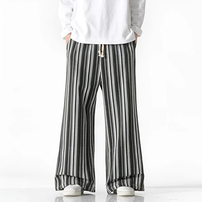 Vintage stripe loose straight mopping pants in cotton blend fabric showing straight leg and mid waist design