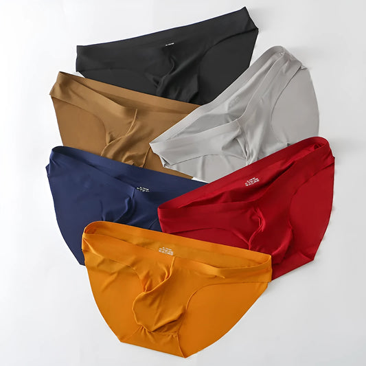 Men's ice silk seamless briefs with bulge pocket in seven colour options