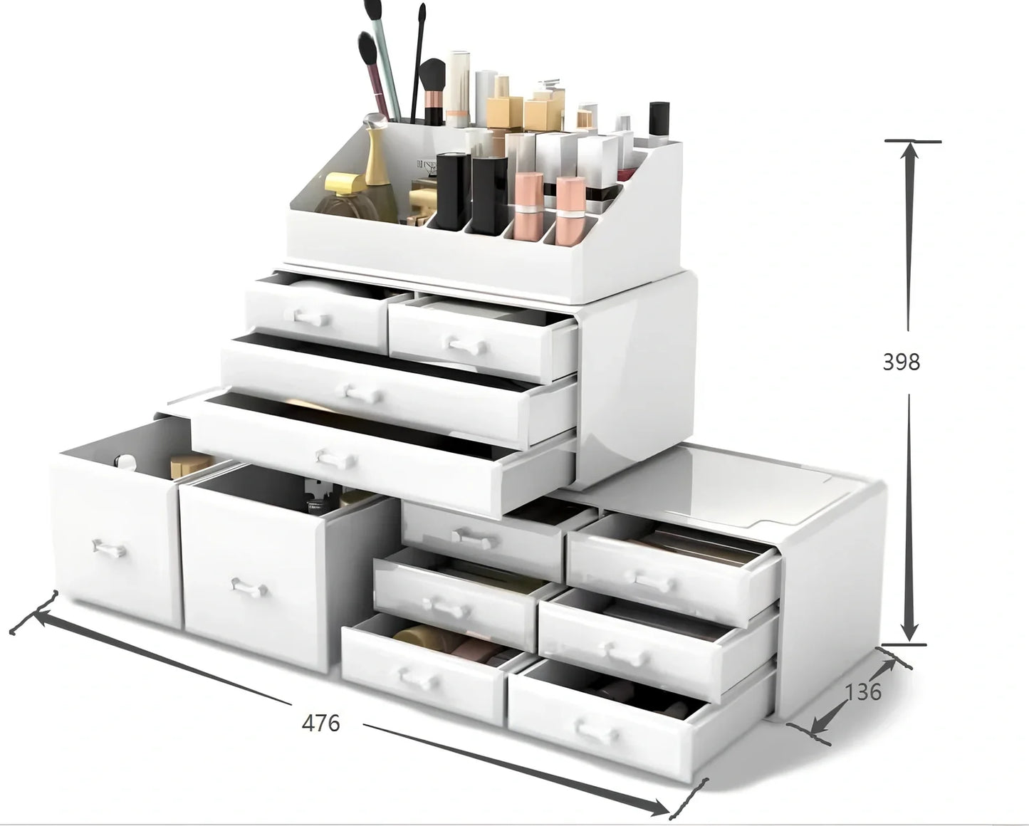 Three-layer transparent acrylic storage box for cosmetics with stackable design measuring 25cm wide