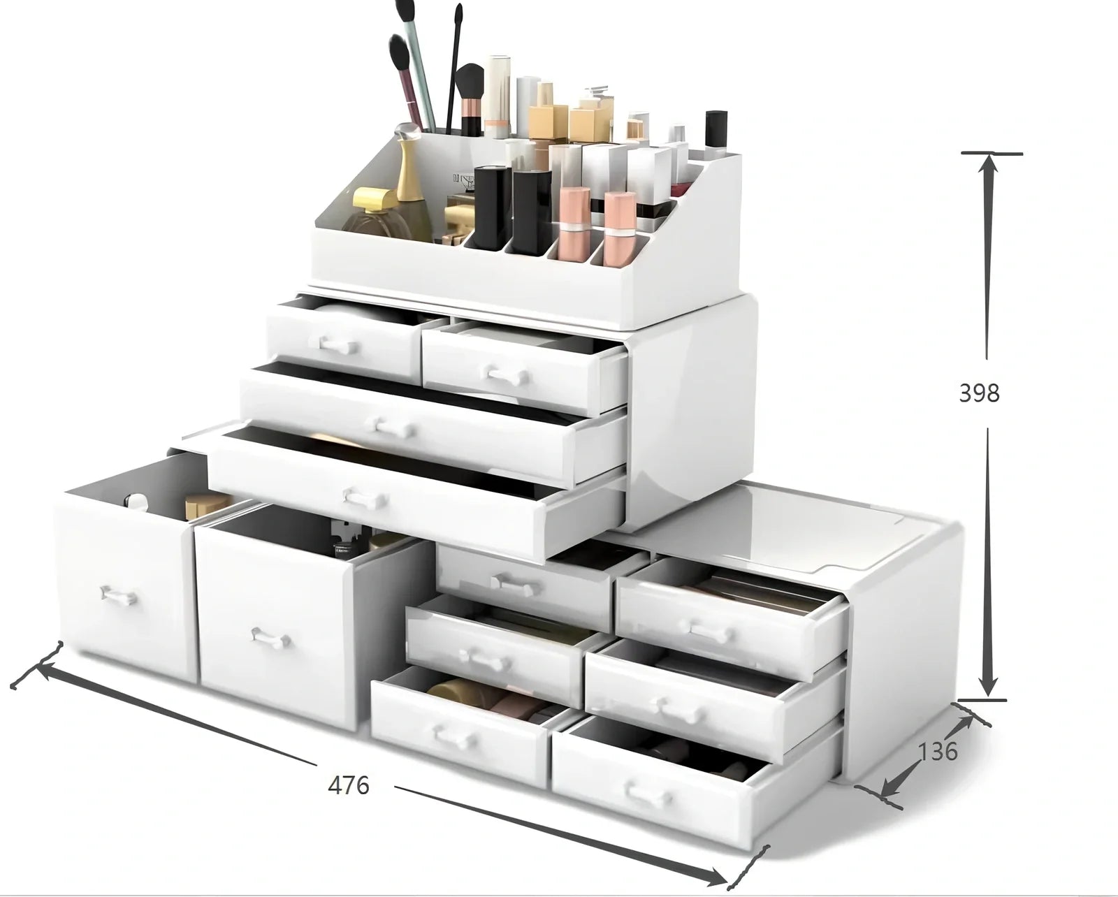 Three-layer transparent acrylic storage box for cosmetics with stackable design measuring 25cm wide