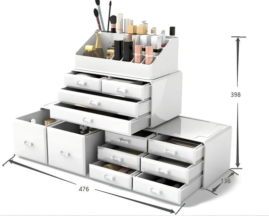 Three-layer transparent acrylic storage box for cosmetics with stackable design measuring 25cm wide