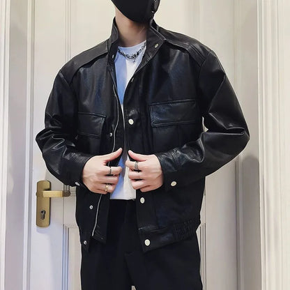 Men's black PU leather pilot jacket with side pockets and straight hem, Korean style.