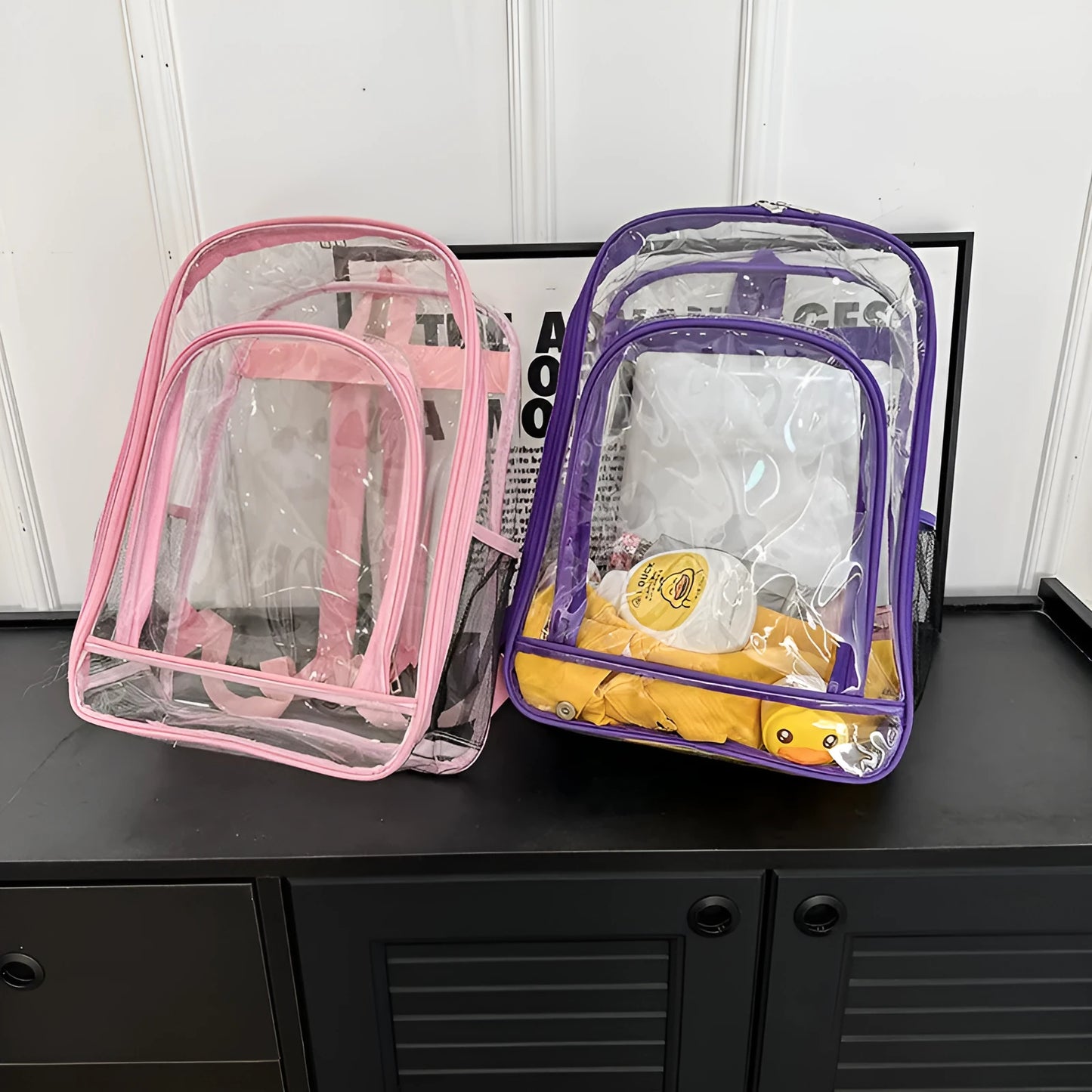 Transparent PVC waterproof backpack with voile inner bag in choice of colours.
