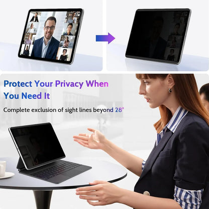 Magnetic suction anti-peeping film for iPad with paper-like texture and storage clip, showing 30-degree privacy angle