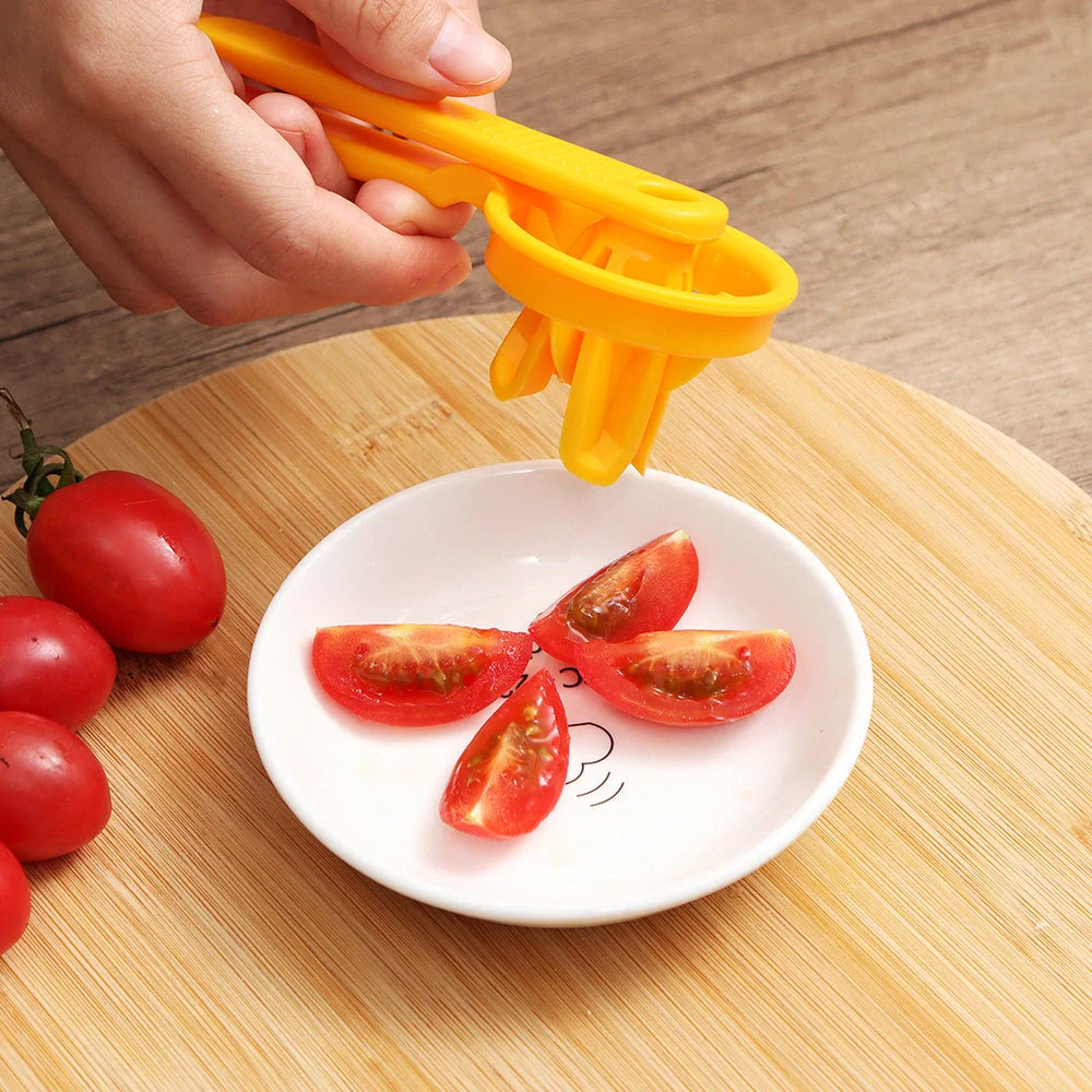 Manual tomato slicer with serrated knife for even dicing, compact design