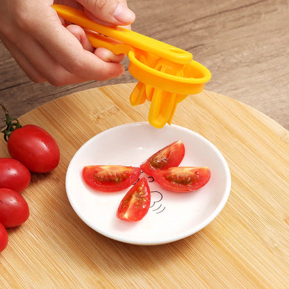 Manual tomato slicer with serrated knife for even dicing, compact design