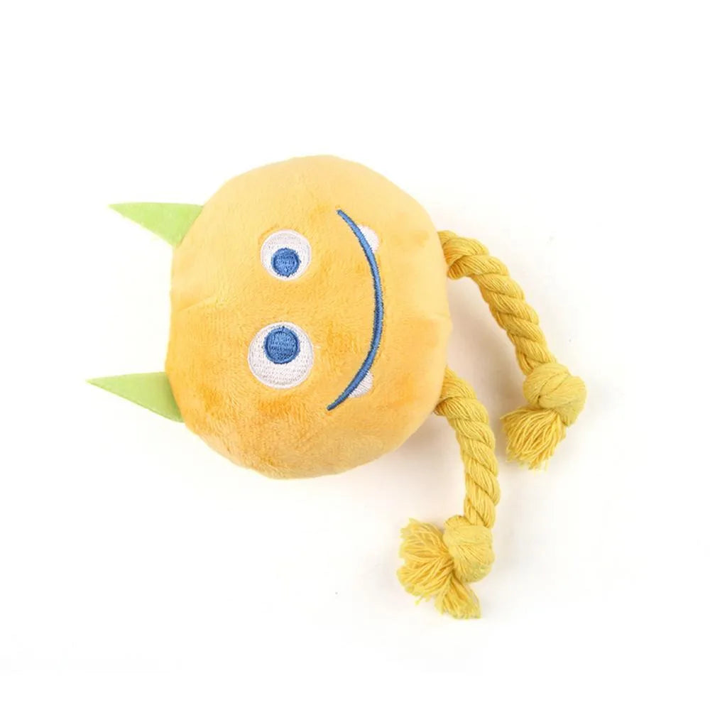 Blue or yellow dog squeaky toy with strong knot rope design for chewing and play