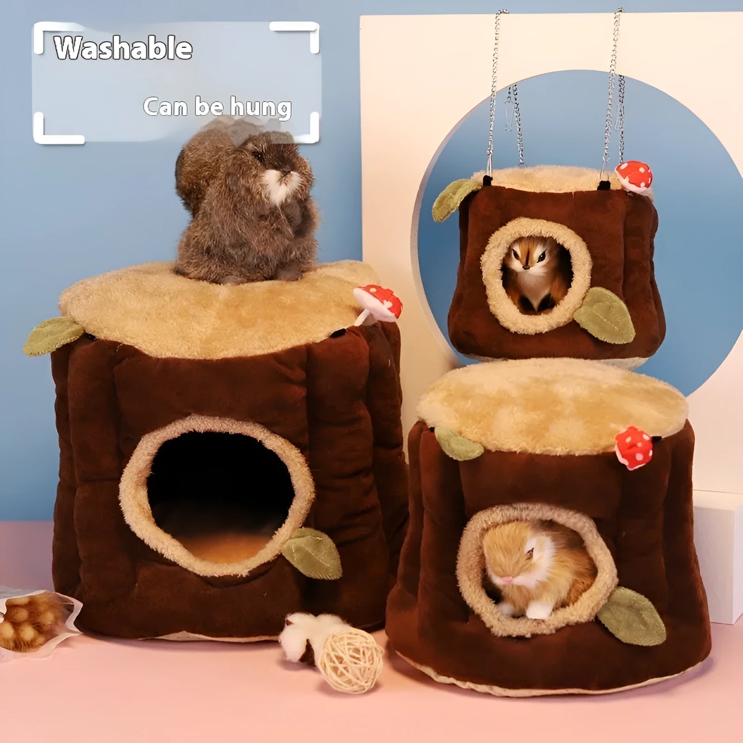 Brown cloth hanging winter stump nest for rabbits, shown in a small animal cage.