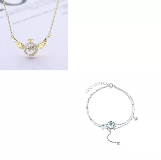 Angel Wings Necklace for women with adjustable water wave chain, available in gold, silver, and rose gold.