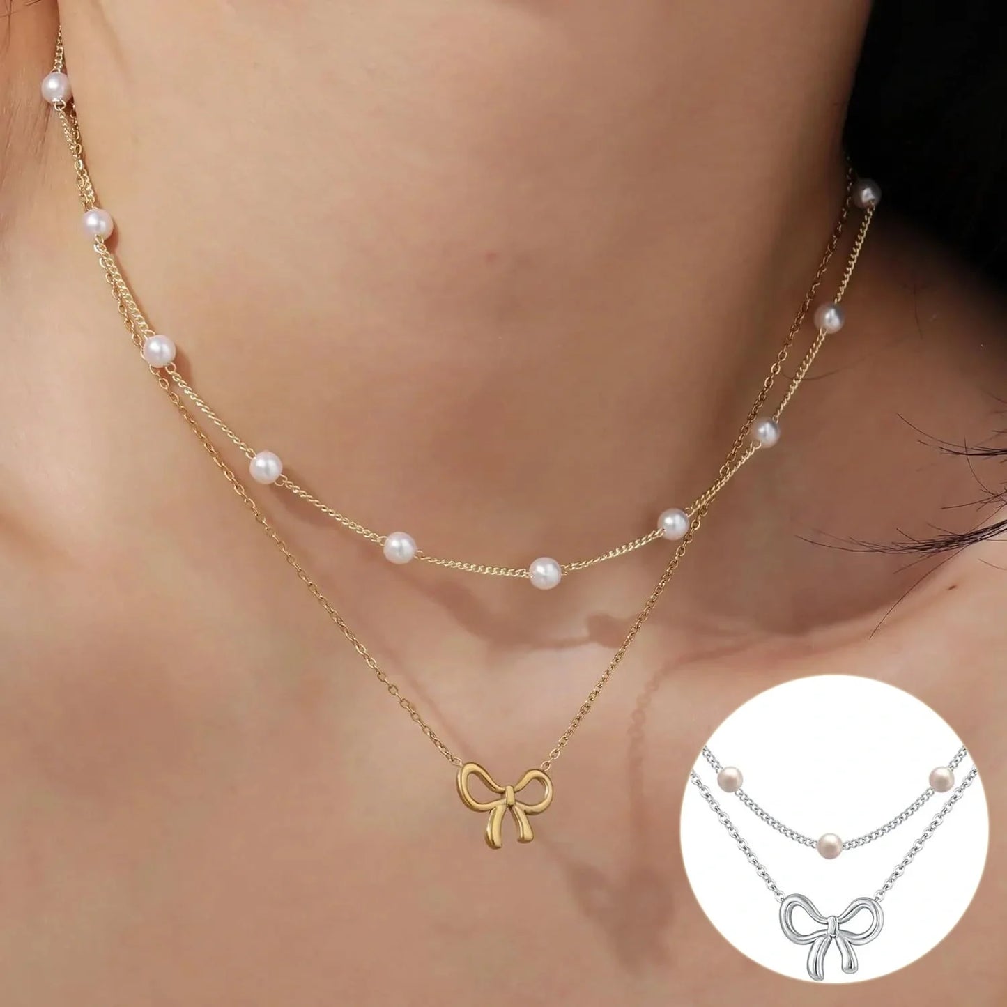Double layer pearl choker with bow pendant in gold and silver options