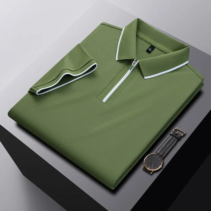 Men's solid colour short sleeve polo shirt with a silver front zipper, shown in beige apricot.