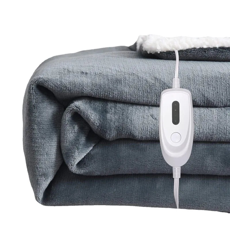 Grey USB electric heating blanket showing 70x100cm dimensions and flannel fabric texture with intelligent temperature controls